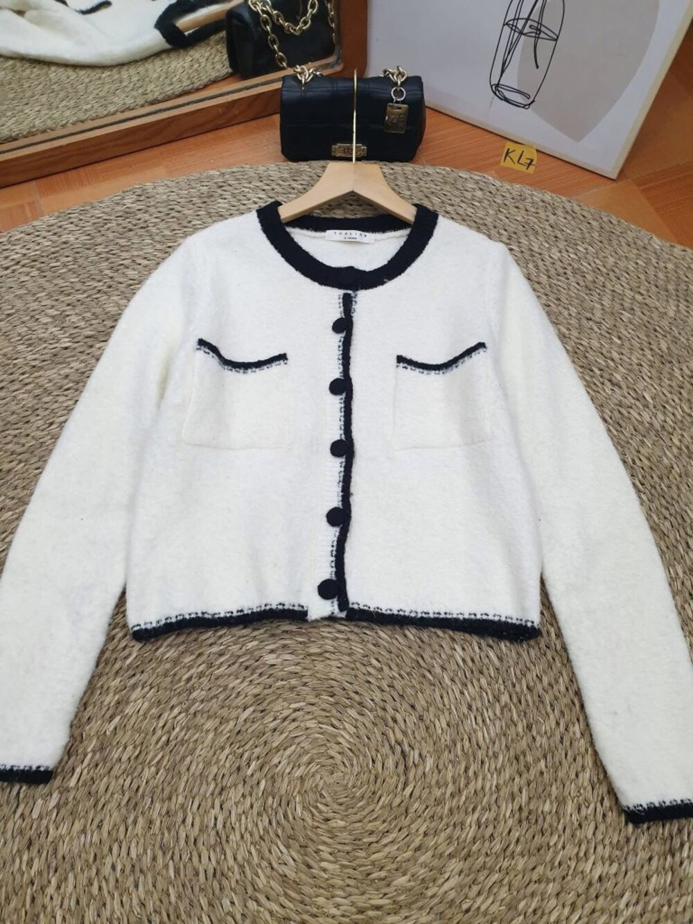 Ivory Black Trim Boucle Cardigan Round Neck Ball Button Sweater
